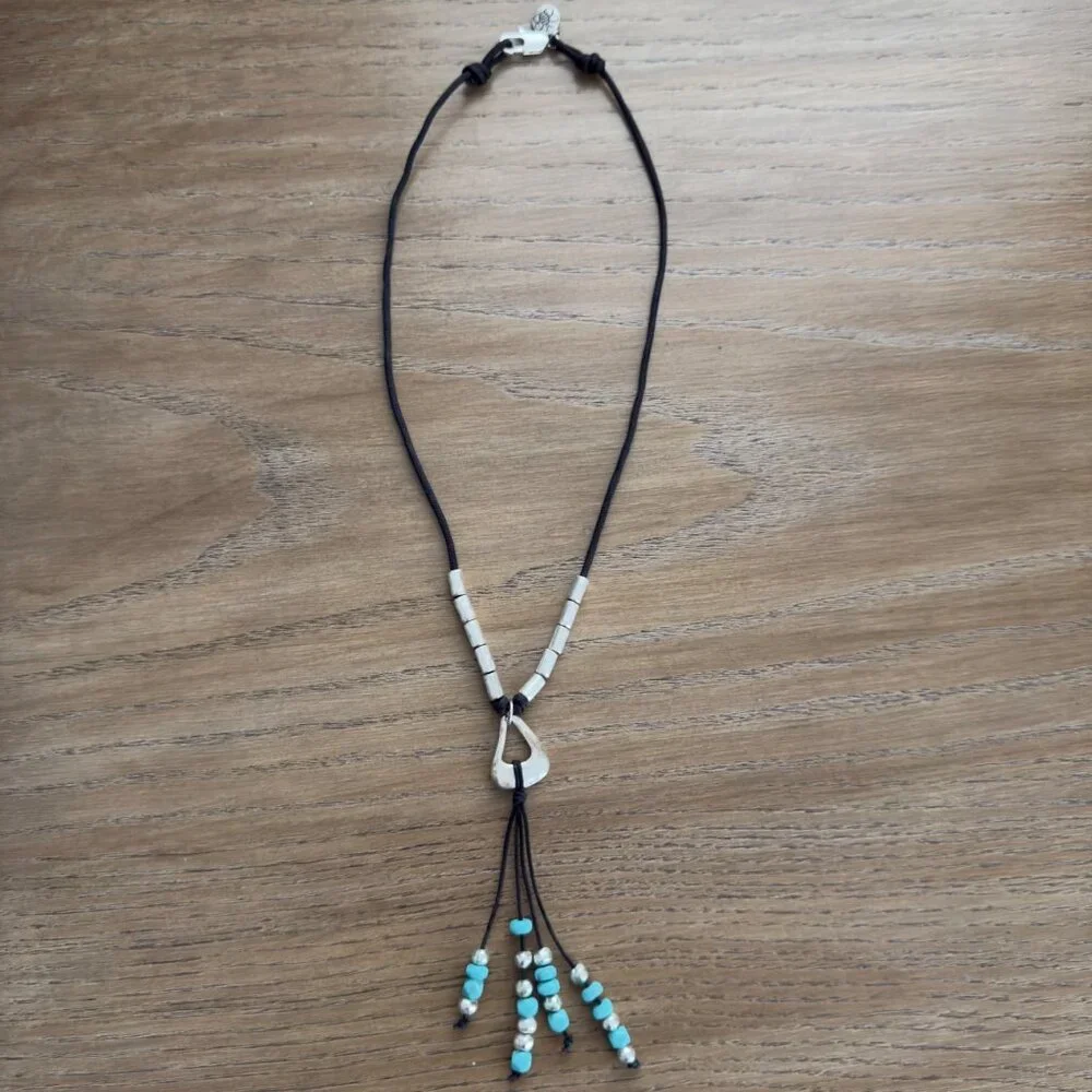 Handmade Black Cord Necklace Silver Tone Turquoise Color Beads Hook Clasp NOTE